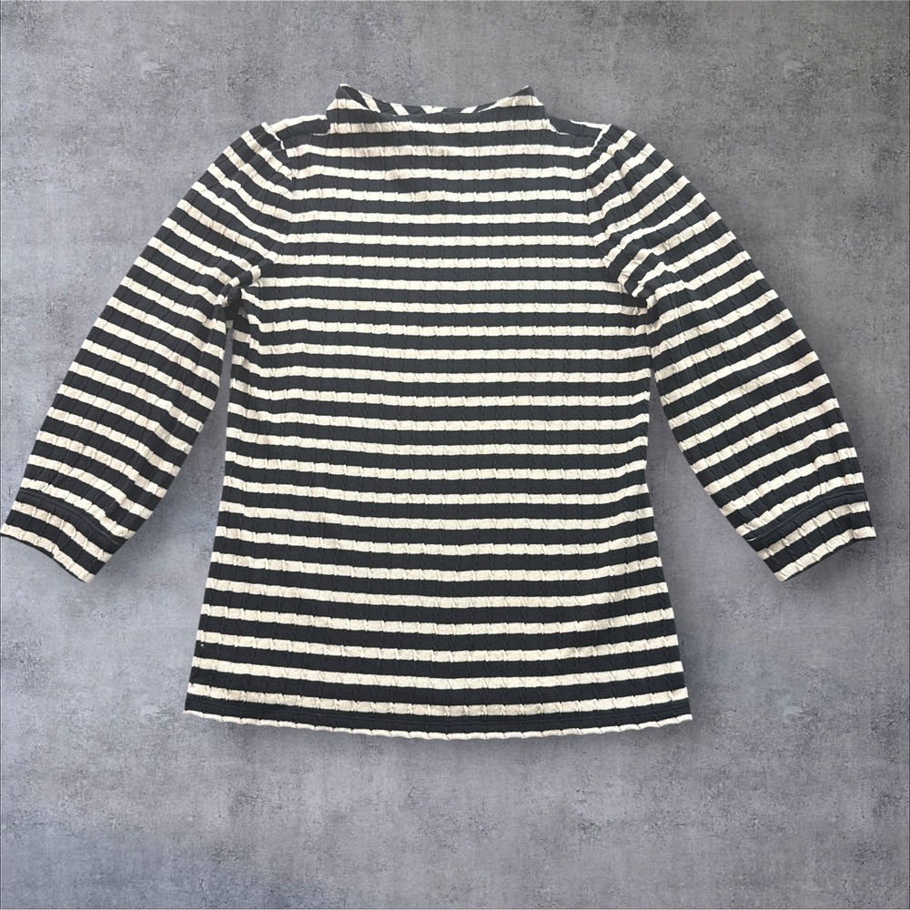 Talbots Cable Knit Striped Top Womens Small Navy White Funnel Neck 3/4 Sleeve
